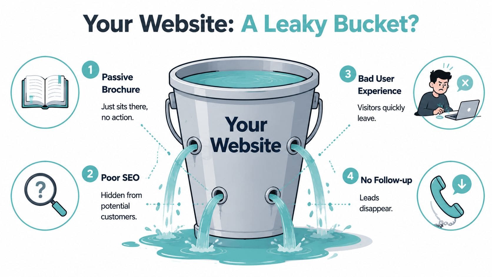 An illustration showing a bucket labeled Your Website with leaks representing common website issues like poor SEO.