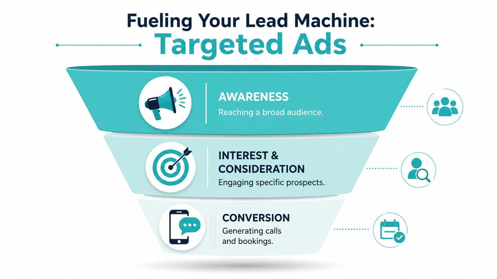 A marketing funnel diagram showing three stages: Awareness, Interest and Consideration, and Conversion for lead generation.