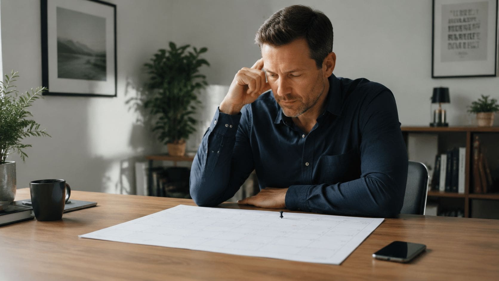 A focused man sitting at a wooden desk looking at a large wall calendar while planning his schedule.