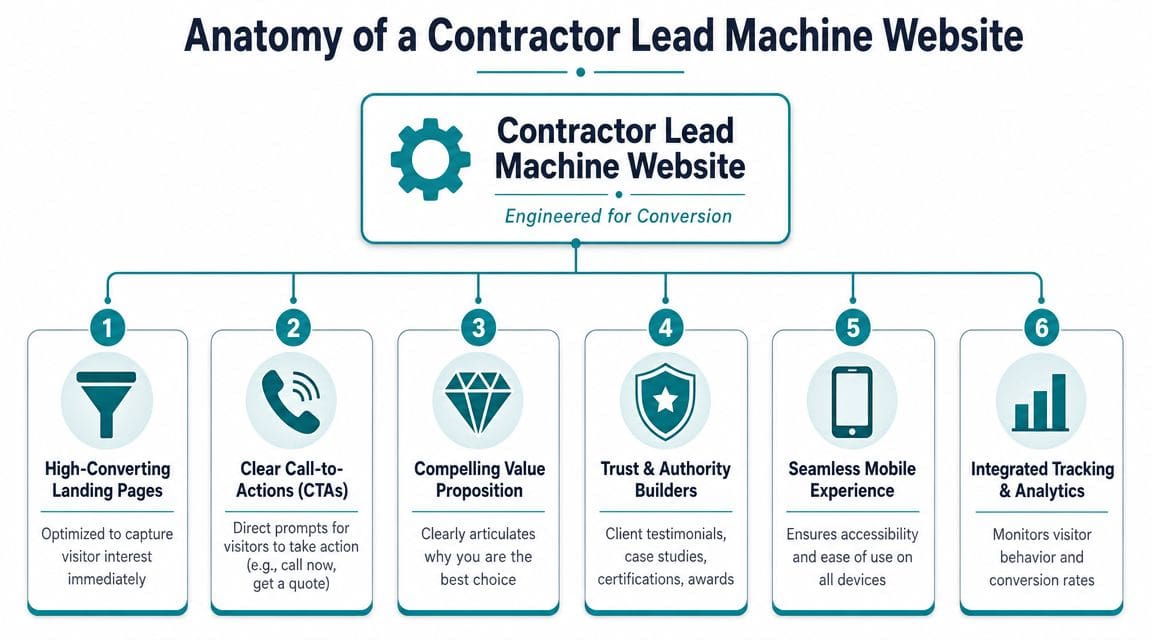 A diagram outlining the six key components of a high-converting contractor lead machine website for business growth.
