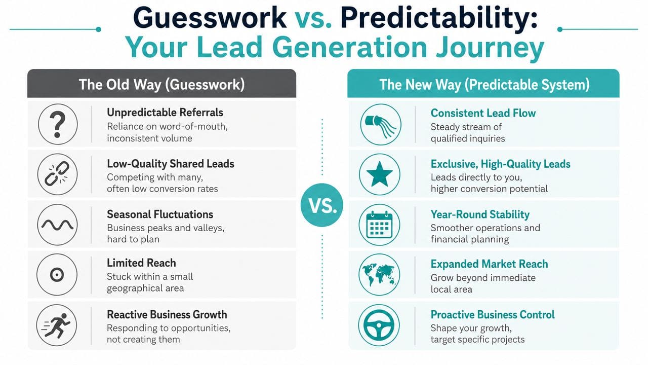A comparison chart showing the differences between unreliable guesswork lead generation and a predictable, consistent lead system.