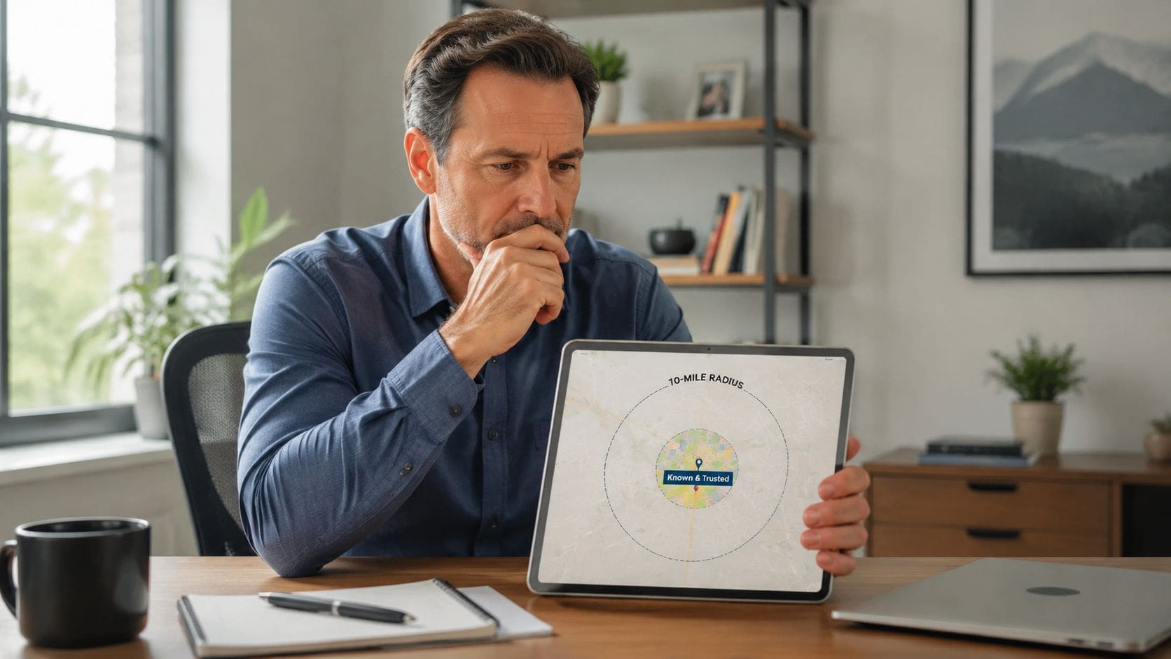 A middle-aged man in a blue shirt reviewing a 10-mile radius map on a digital tablet at his desk.