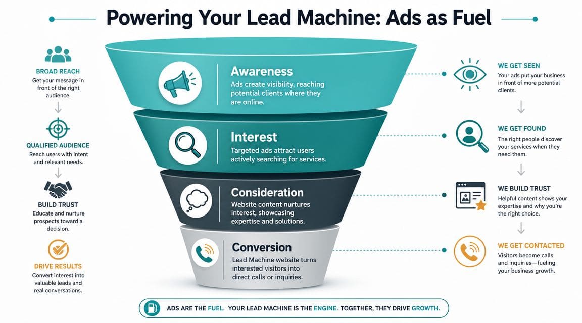 A marketing sales funnel diagram explaining how online advertising drives leads, trust, and business growth for contractors.