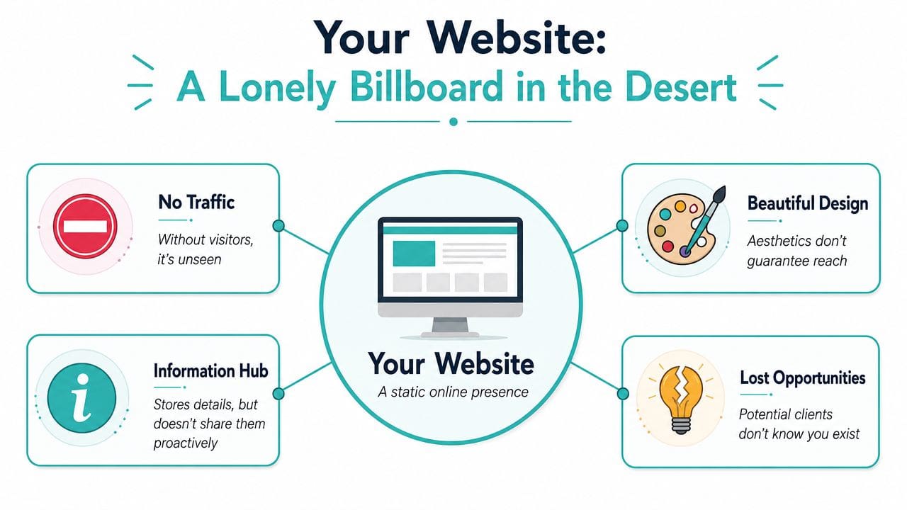 An infographic showing how a static website acts like a lonely billboard with no traffic or reach.