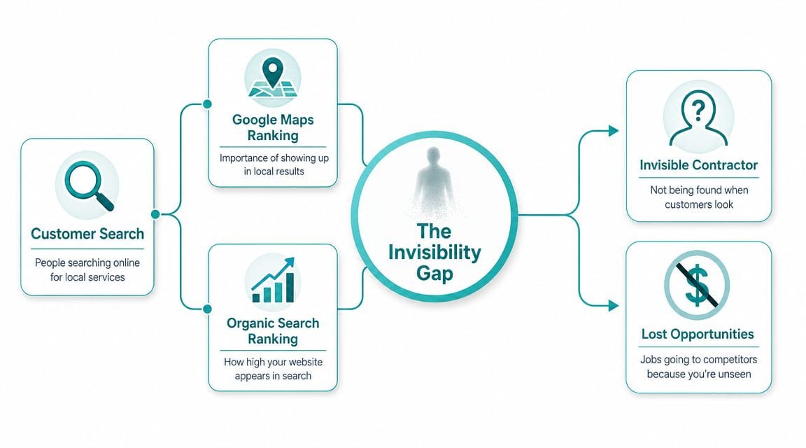 A flowchart showing how poor local search and organic rankings create an invisibility gap for contractors.