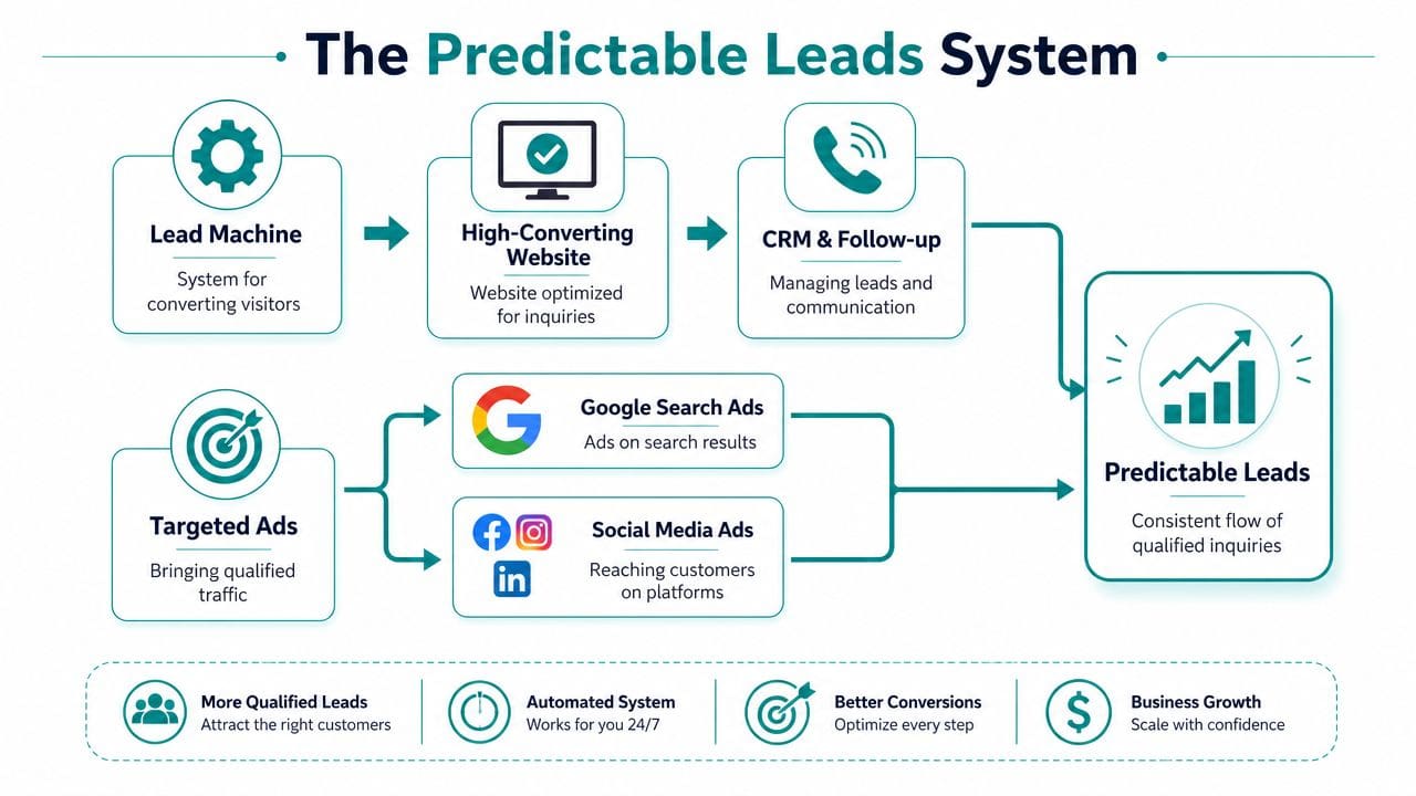 A diagram illustrating a predictable lead generation system for businesses using ads, websites, and CRM tools.