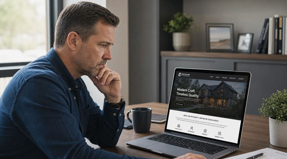 A professional man sitting at a desk and reviewing a contractor website on his laptop computer.