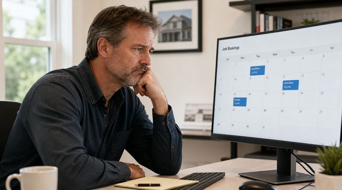A middle-aged man looking frustrated at a job booking calendar on a computer screen in an office.