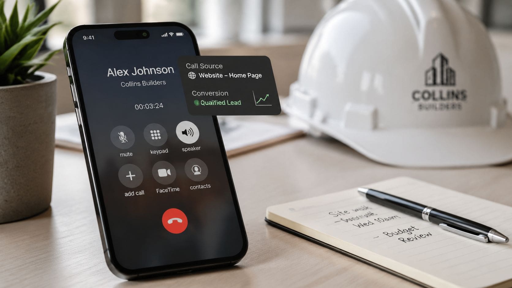 A smartphone on a desk showing a business call from a potential construction client lead.