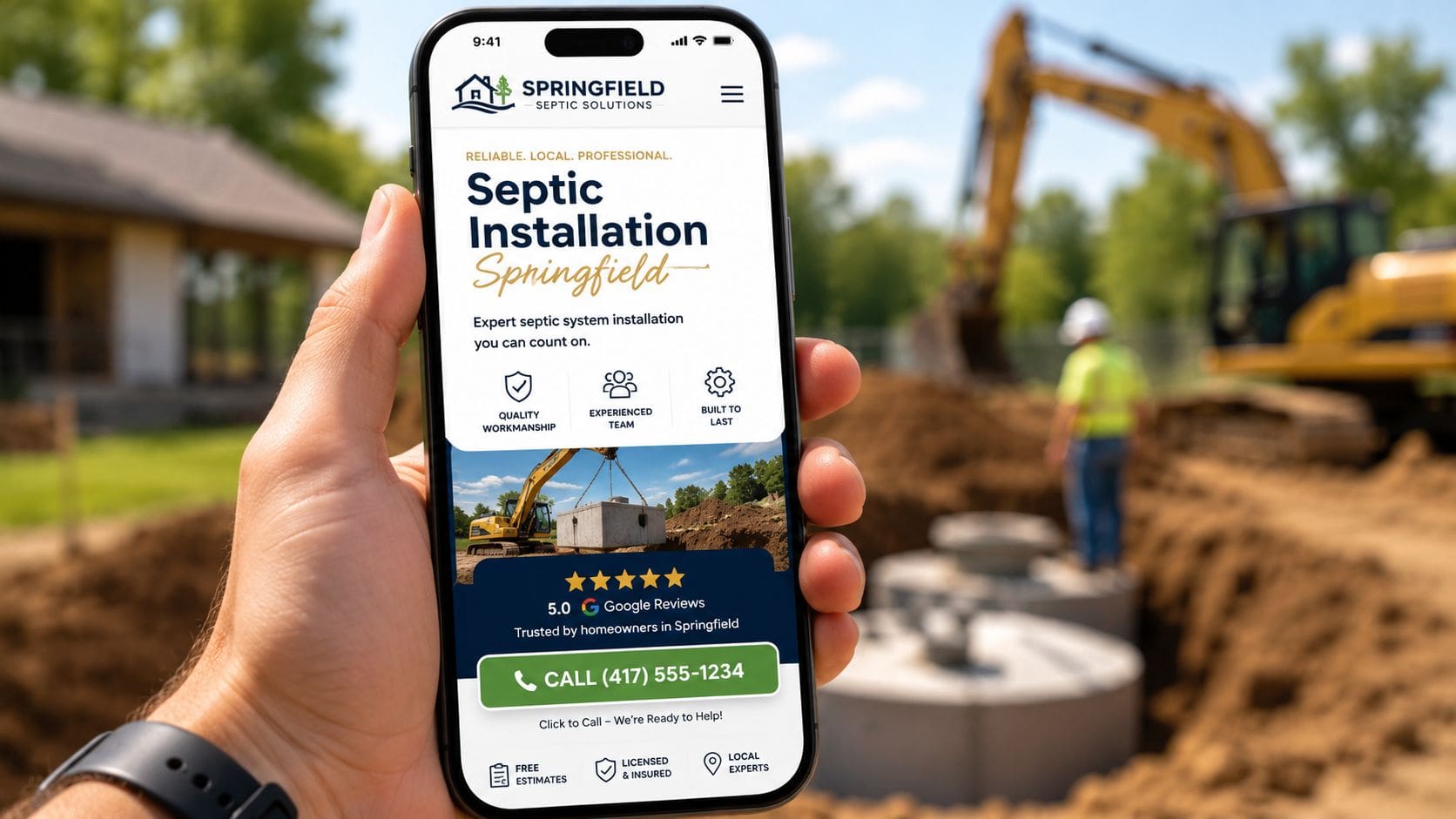 A hand holding a smartphone displaying a mobile-friendly septic system installation service website for Springfield, Missouri.