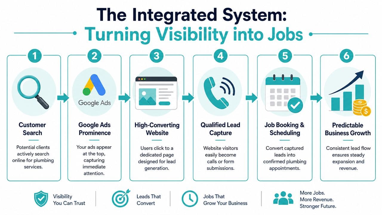 A six-step infographic process for turning plumbing business visibility into jobs using Google Ads and lead generation.
