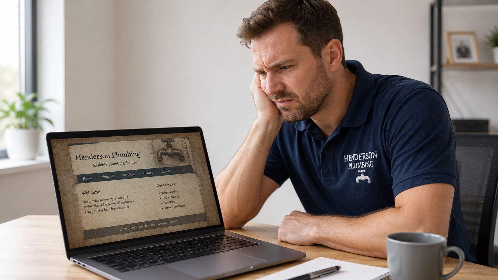 A concerned plumber in a branded polo shirt looks at his company website on a laptop.