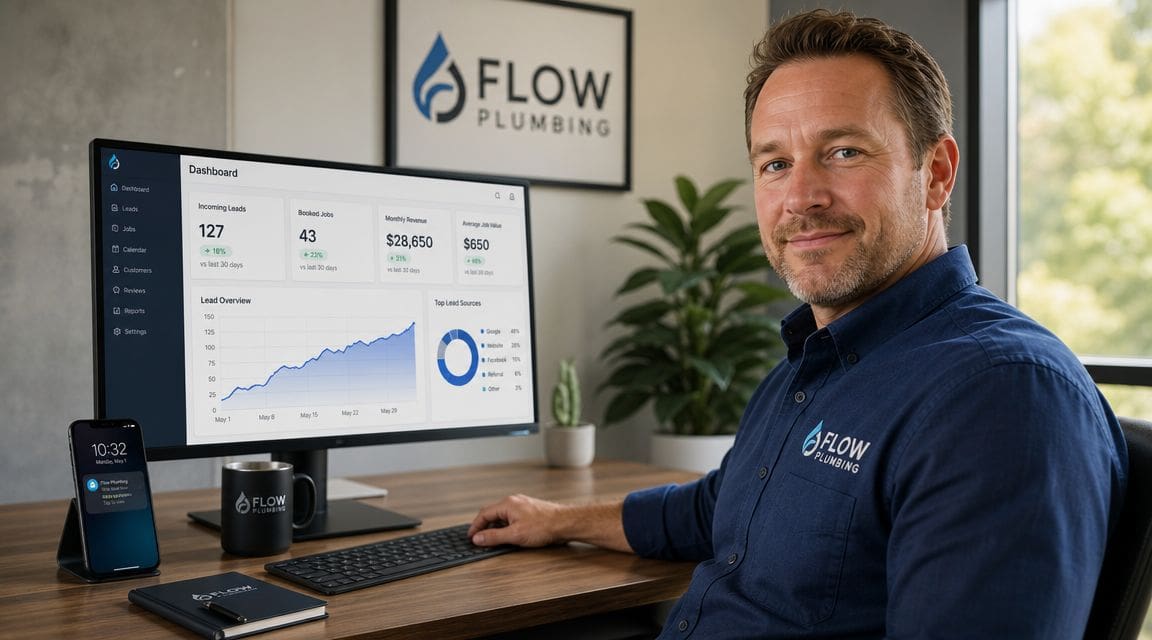 A professional plumber sits at a desk reviewing business dashboard analytics on his computer monitor.