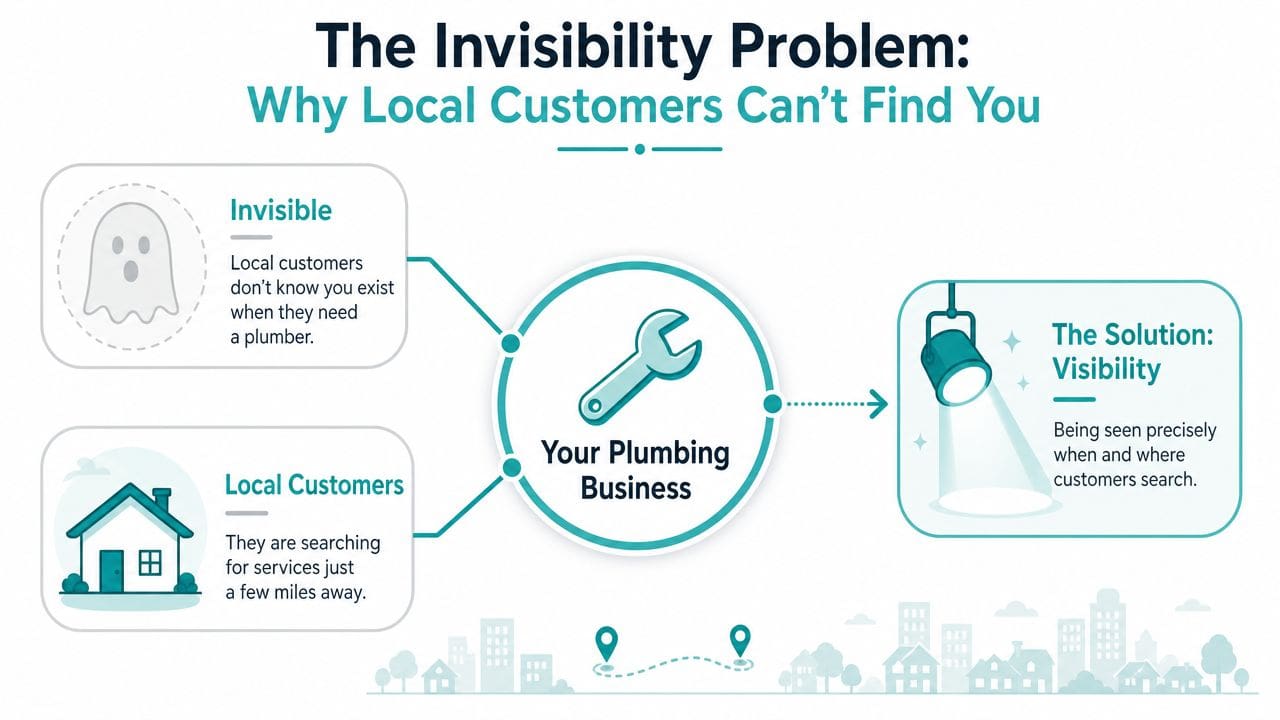 A diagram illustrating why local customers struggle to find plumbing businesses and how improved visibility provides a solution.