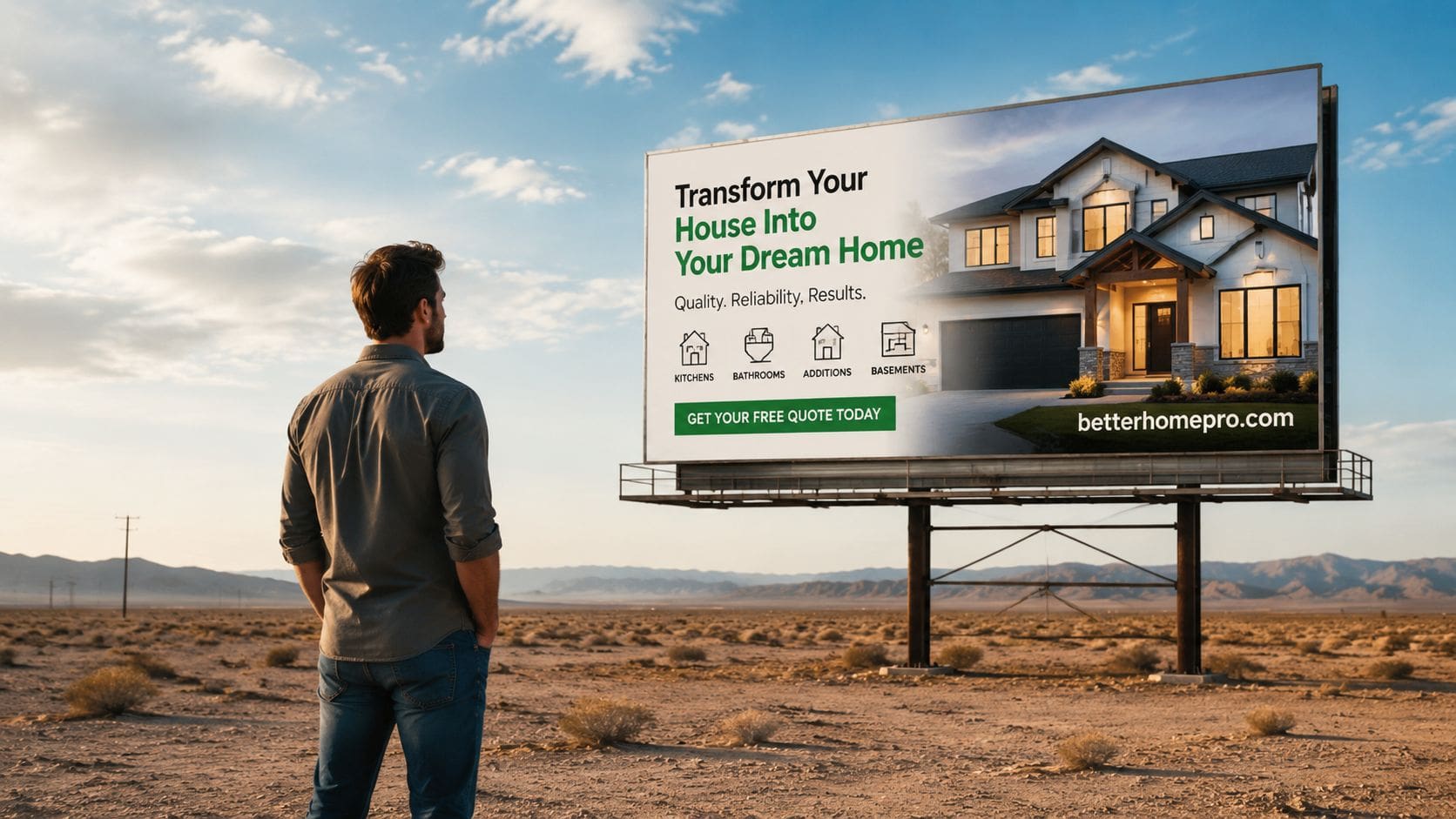A man standing in a desert looking at a billboard advertising a home improvement contractor's services.