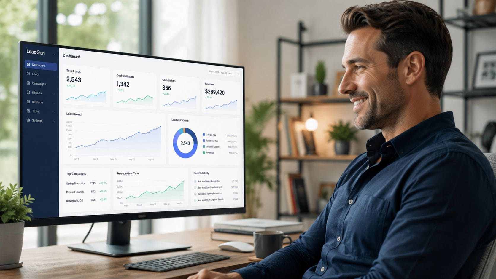 A professional man smiling while analyzing lead generation performance analytics on his computer monitor at home.