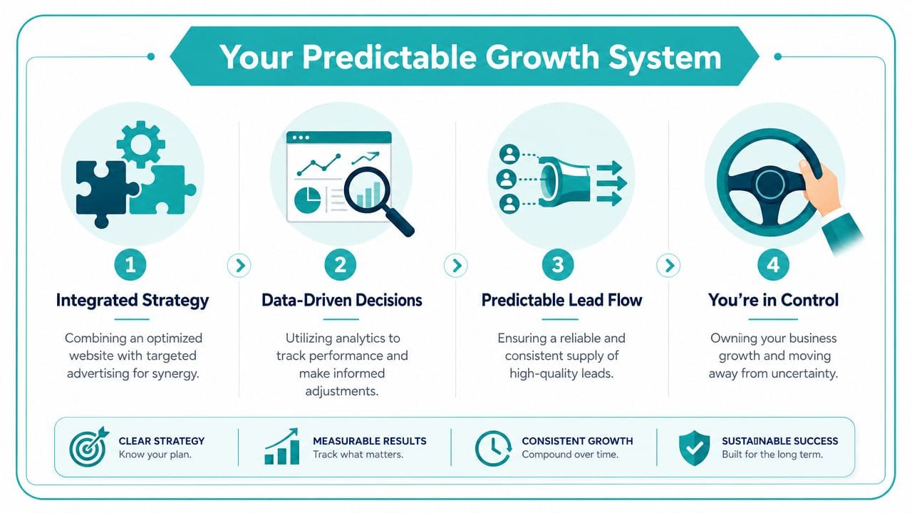 A four-step infographic illustrating a system for predictable business growth, lead generation, and data-driven marketing strategy.