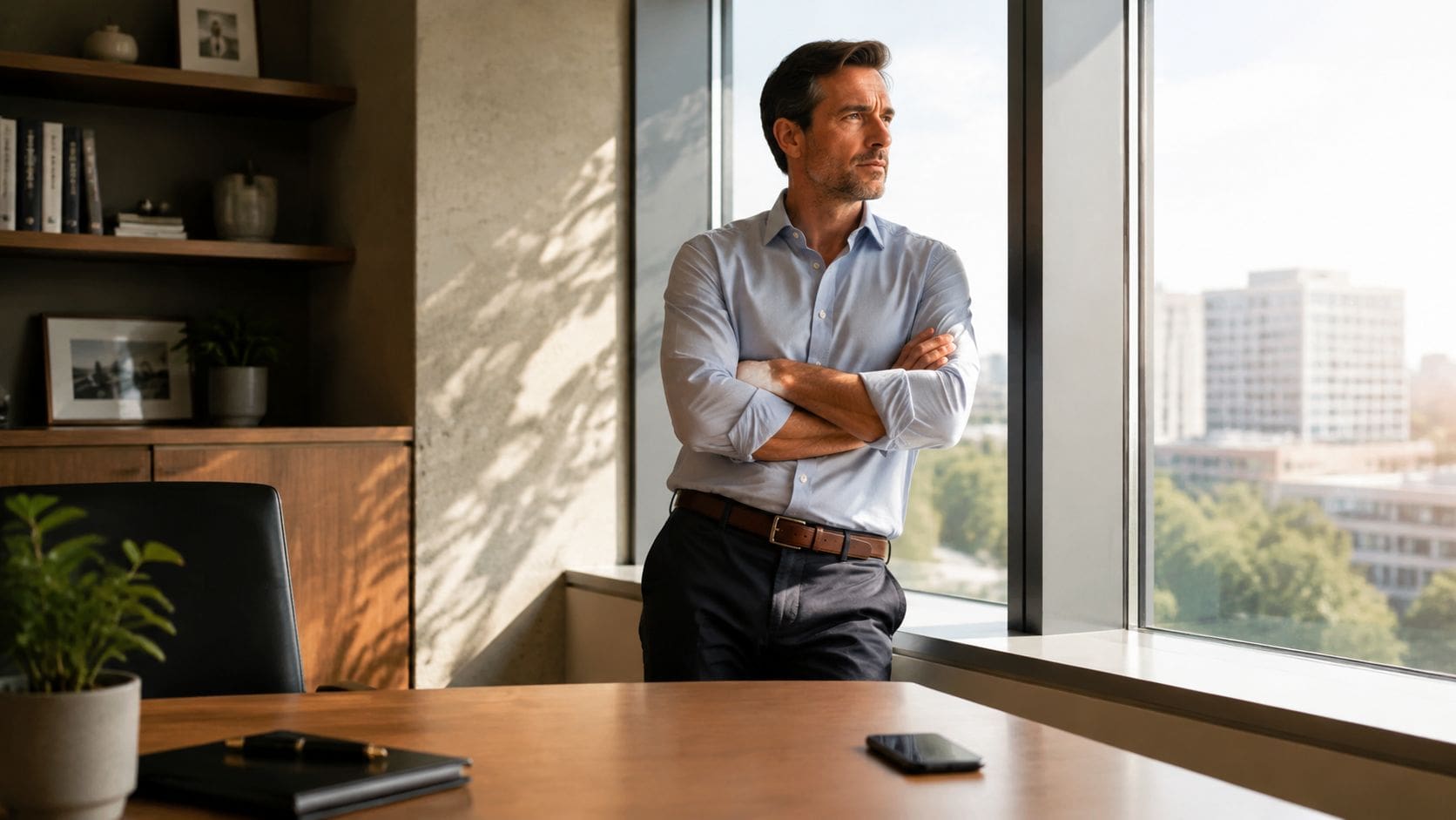 A professional man with arms crossed standing in a modern office looking out a large window.