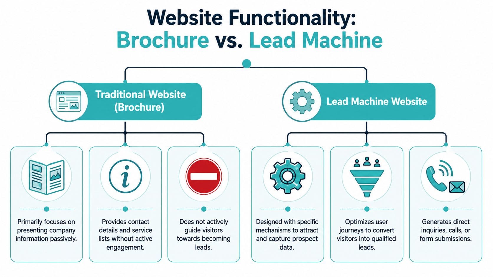 A comparison chart showing differences between traditional brochure websites and lead machine websites for business growth.
