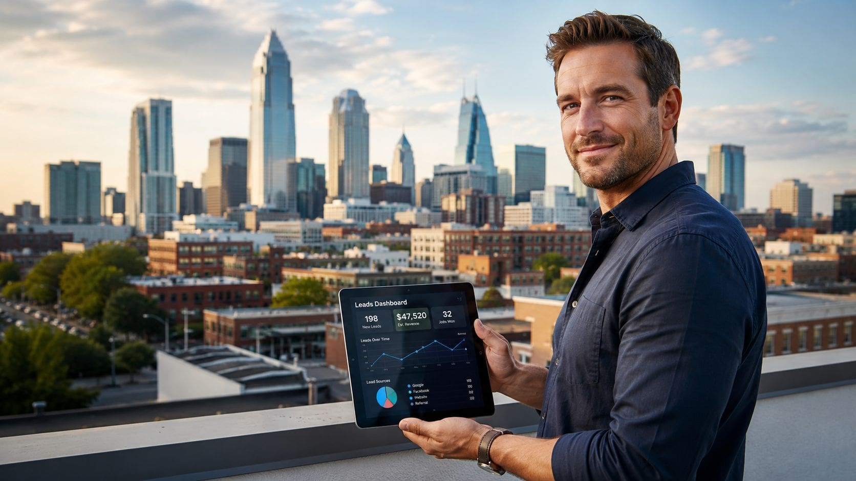 A professional man holding a tablet with a business leads dashboard on a city rooftop background.