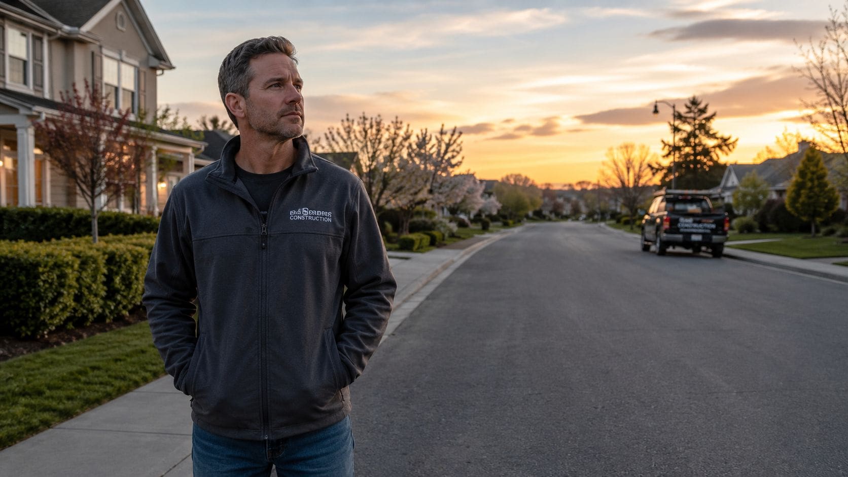 A professional male contractor wearing branded apparel stands confidently in a quiet residential neighborhood during sunset.