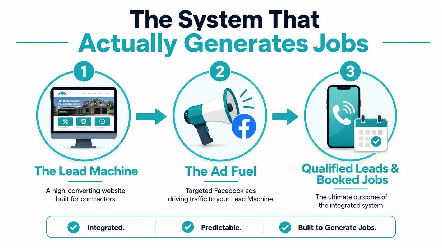 A three-step diagram illustrating a system of website development, Facebook advertising, and booked contractor jobs.