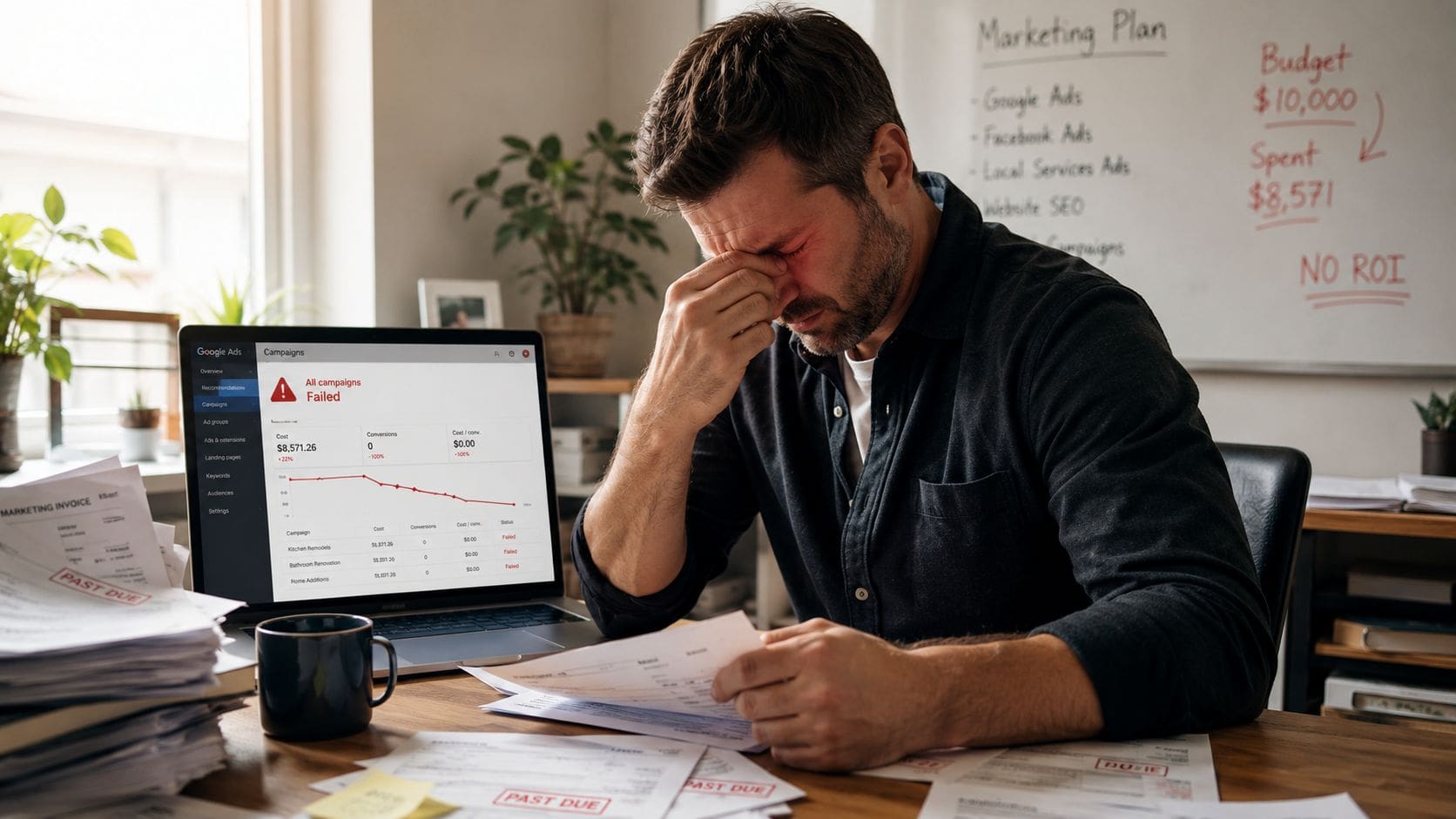 A stressed businessman sits at a desk with failed marketing campaign reports and overdue invoices displayed.