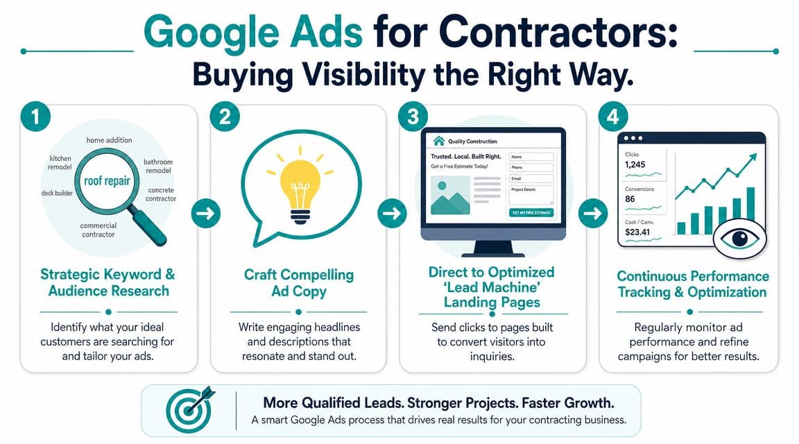 An infographic showing a four-step guide on how to effectively run Google Ads for construction contractors.