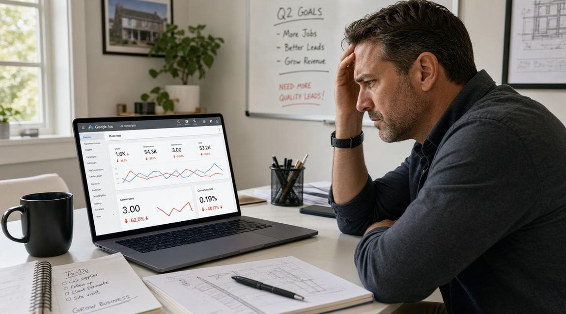 A frustrated contractor sitting at a desk looking at poor Google Ads performance metrics on a laptop.
