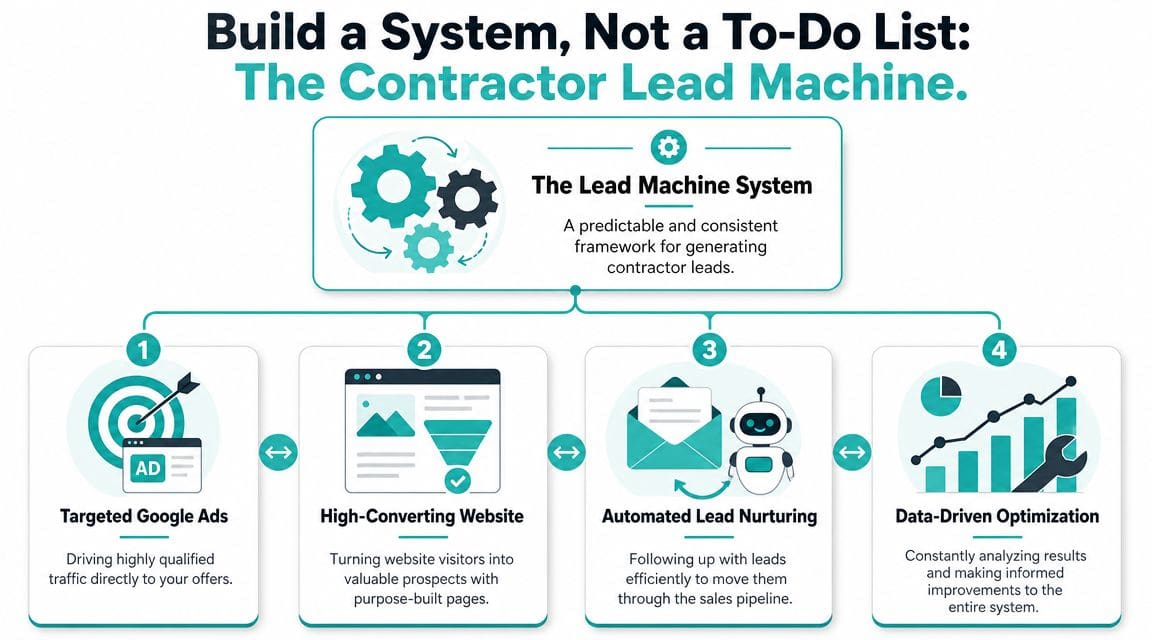 A diagram outlining the contractor lead machine system featuring targeted ads, landing pages, automated nurturing, and optimization.