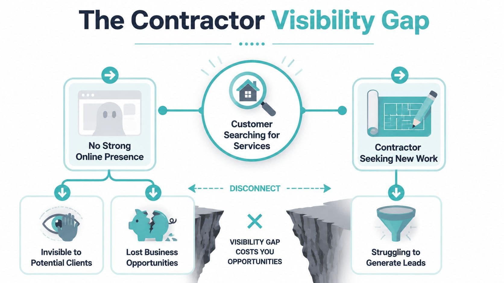 A diagram illustrating the contractor visibility gap between clients searching for services and contractors lacking online presence.