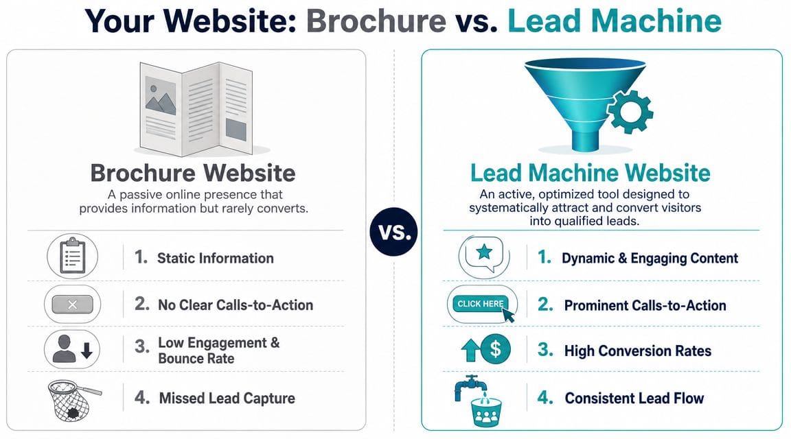 A comparison infographic between a passive brochure website and an active lead machine website for lead generation.