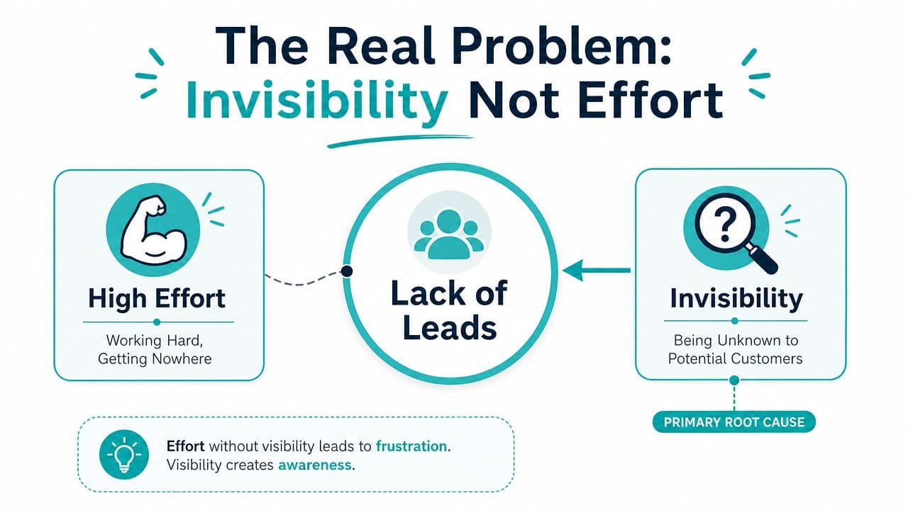 An infographic illustrating that business invisibility, rather than lack of effort, is the primary cause of low leads.