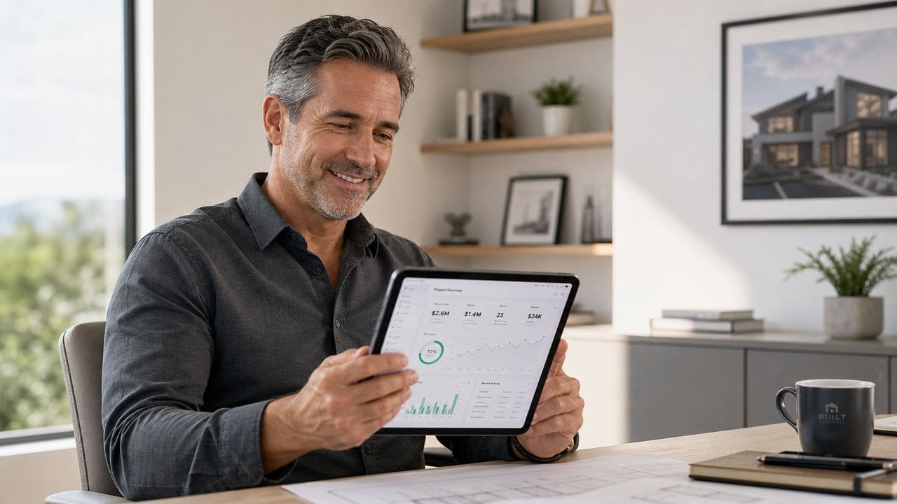 A professional man reviewing construction project data on a digital tablet at his office desk.