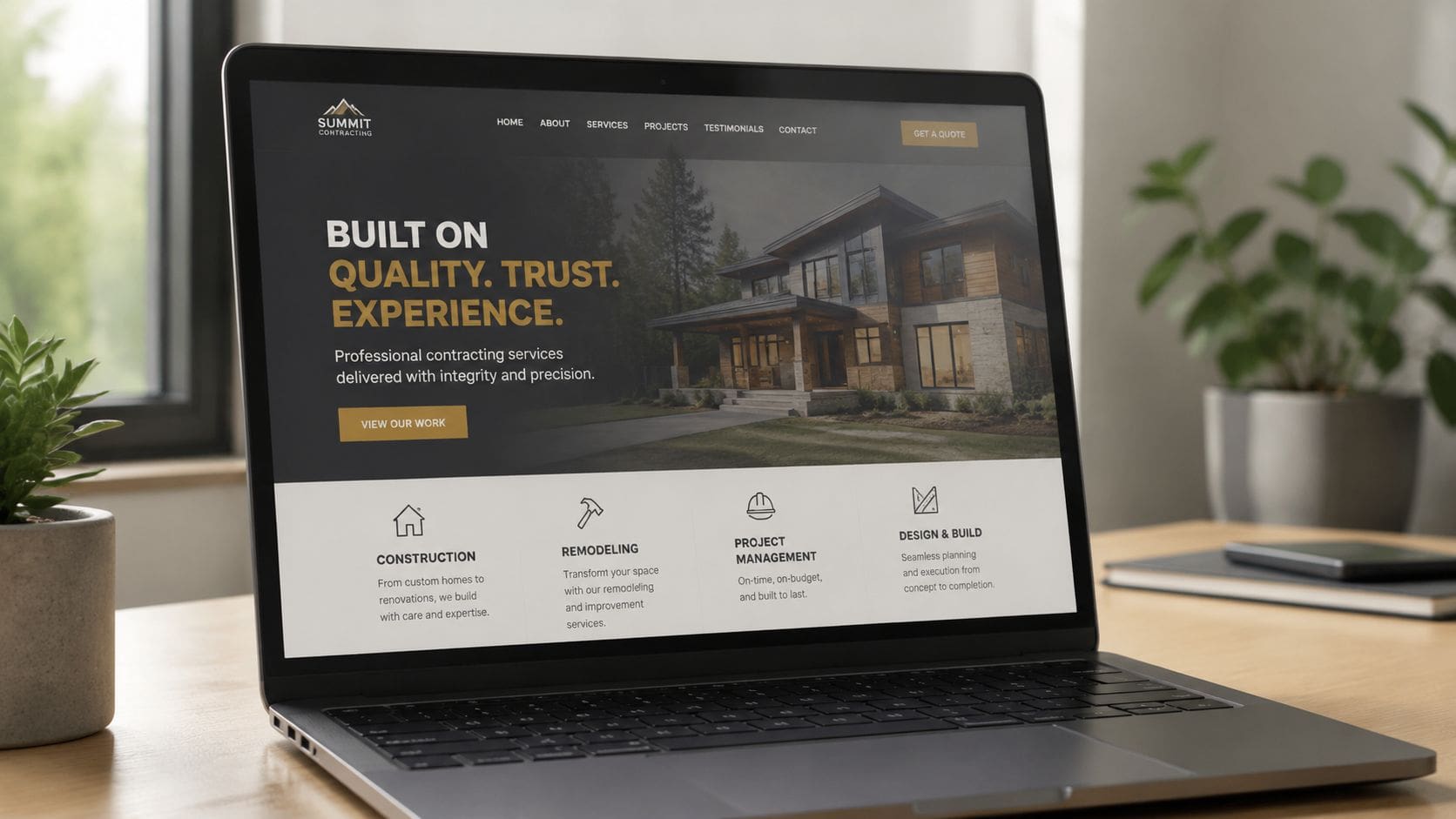 A laptop screen displaying a professional website for Summit Contracting showcasing home building and remodeling services.