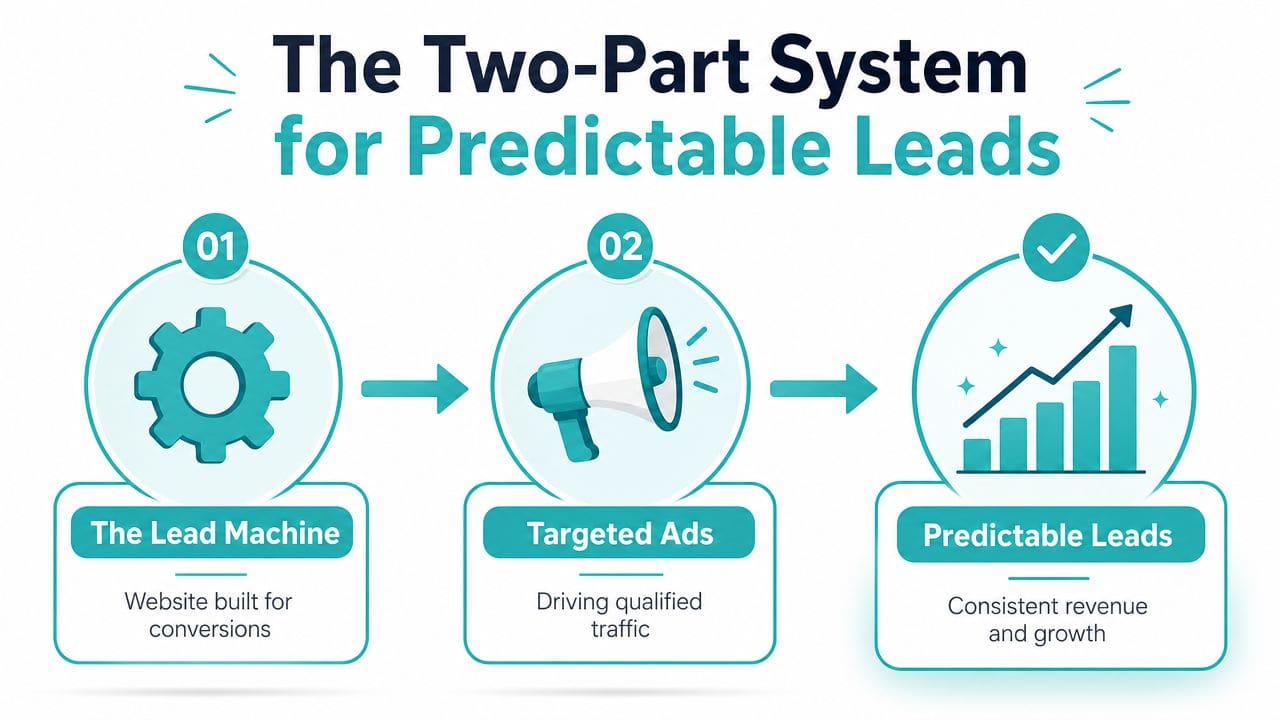 A diagram illustrating a two-part marketing system for contractors featuring lead machines, targeted ads, and predictable growth.