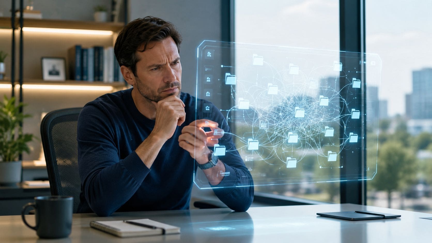 A professional man analyzing a futuristic holographic data visualization with interconnected digital files in a modern office.