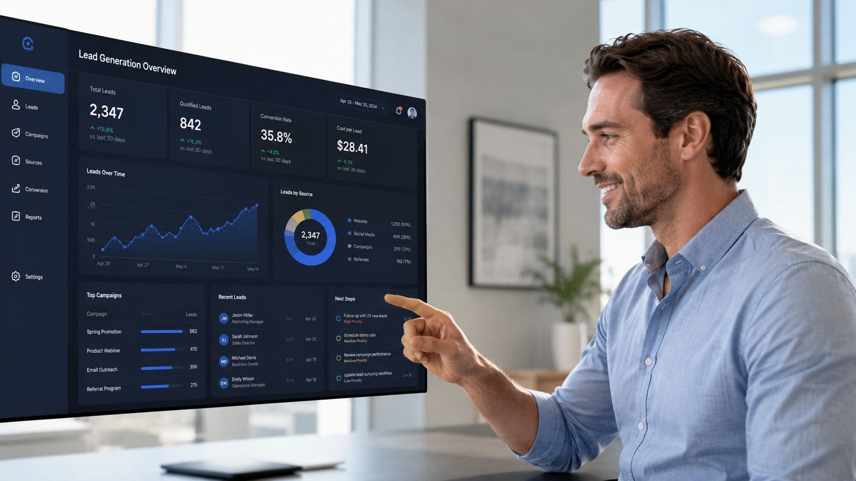 A professional man reviewing marketing lead generation analytics on a large digital monitor in an office.