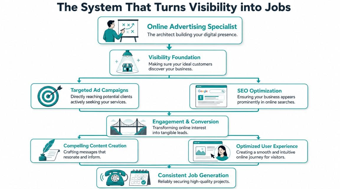 A flowchart diagram explaining how an online advertising specialist turns business visibility into consistent customer jobs.