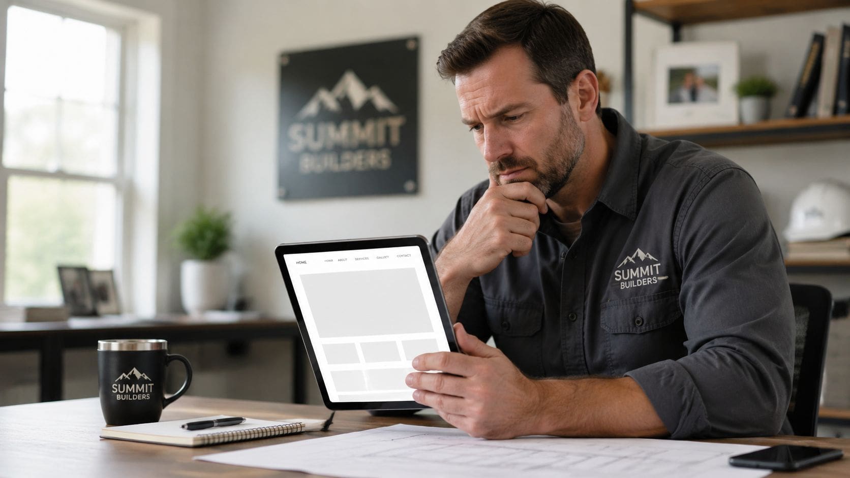 A professional man in a branded shirt reviewing a construction website on a digital tablet at his desk.