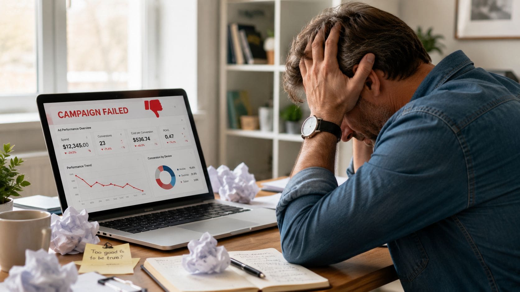 A frustrated businessman sitting at a desk with a laptop showing a failed online advertising campaign performance.