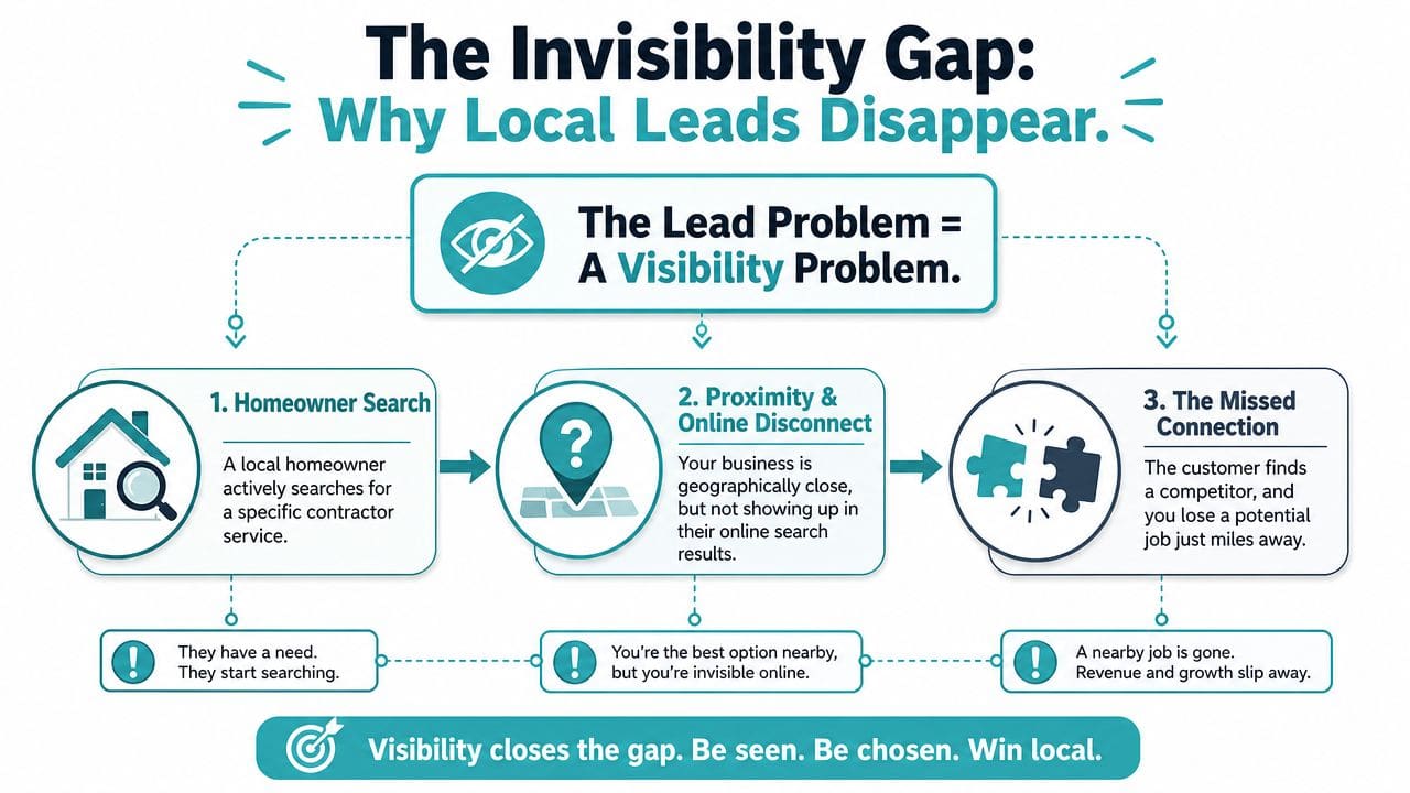 A flowchart explaining why local contractor businesses lose potential leads due to a lack of online visibility.