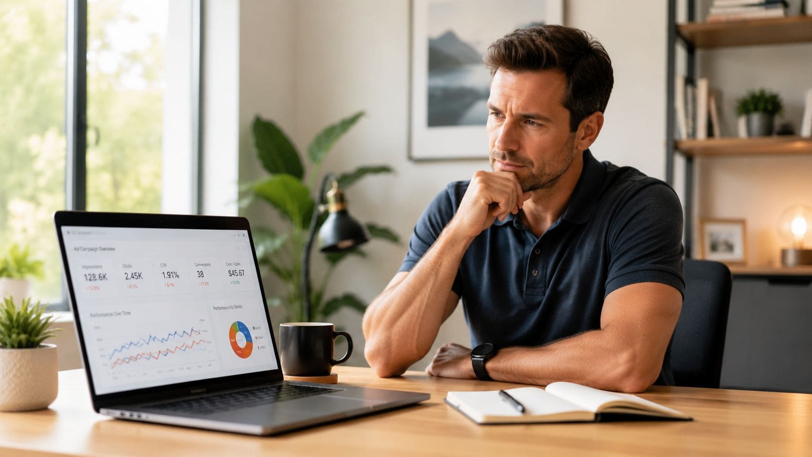 A professional man reviewing digital advertising analytics on his laptop in a bright modern home office.