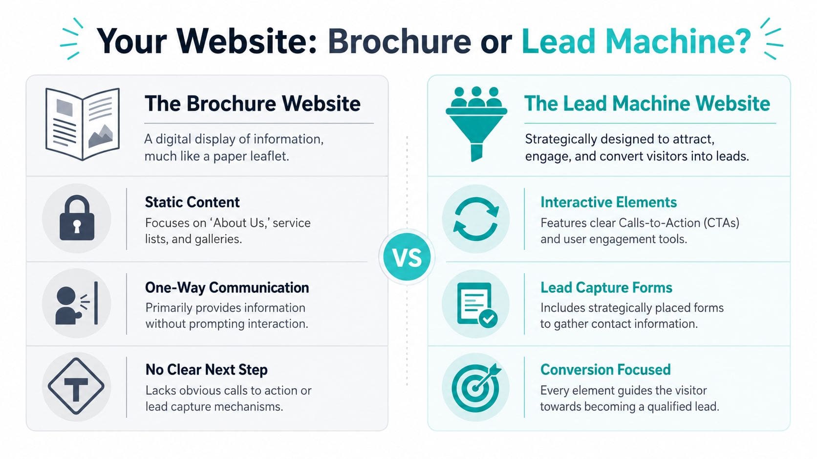 A comparison infographic between a brochure website and a lead machine website for business growth.