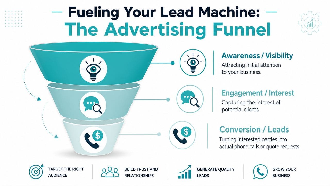A visual diagram of an advertising funnel showing stages from awareness to engagement and final conversion leads.