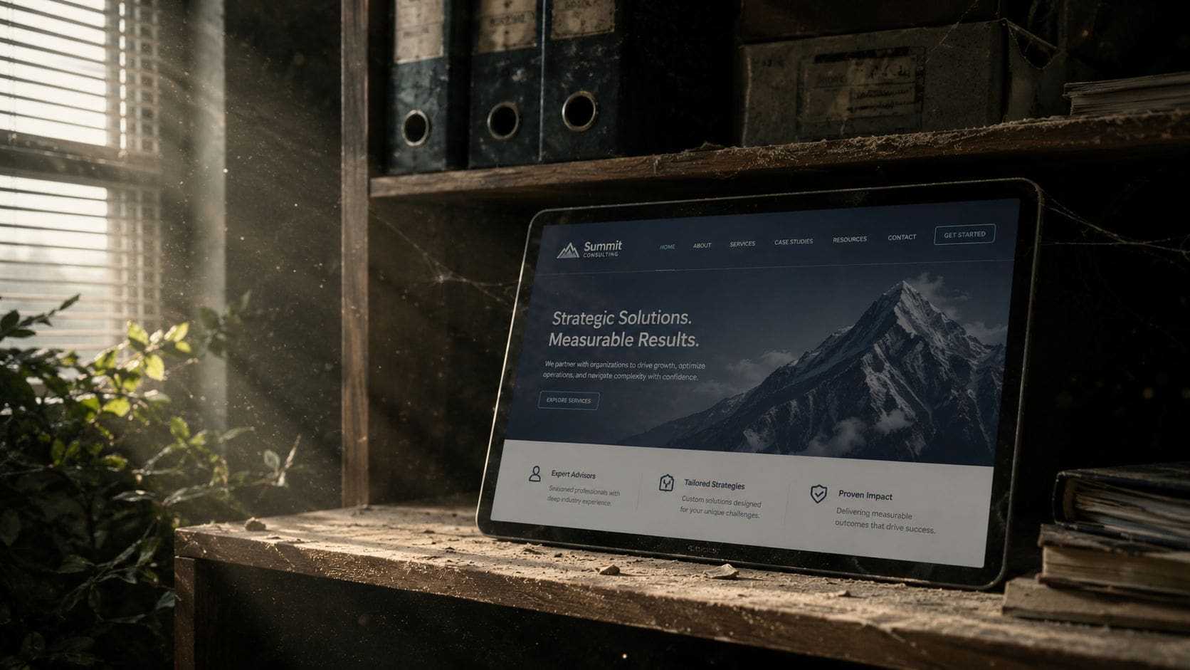 A digital screen showcasing a professional website design for a business consulting firm on a rustic shelf.