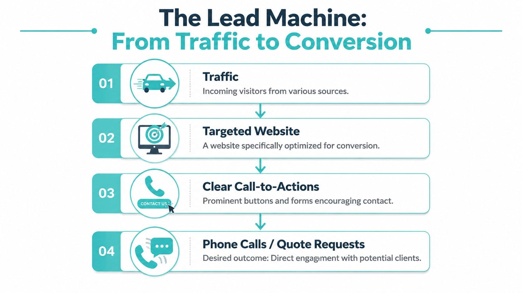 A diagram illustrating the four steps of a lead generation process from traffic to client conversion.