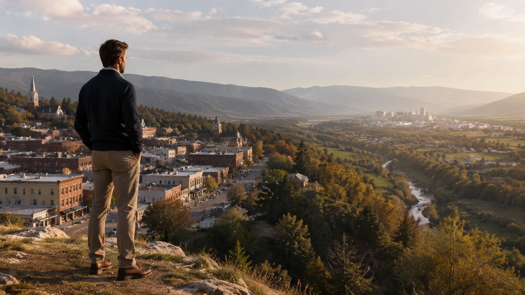 A man standing on a rocky hill overlooking a charming small town nestled in a mountain valley.