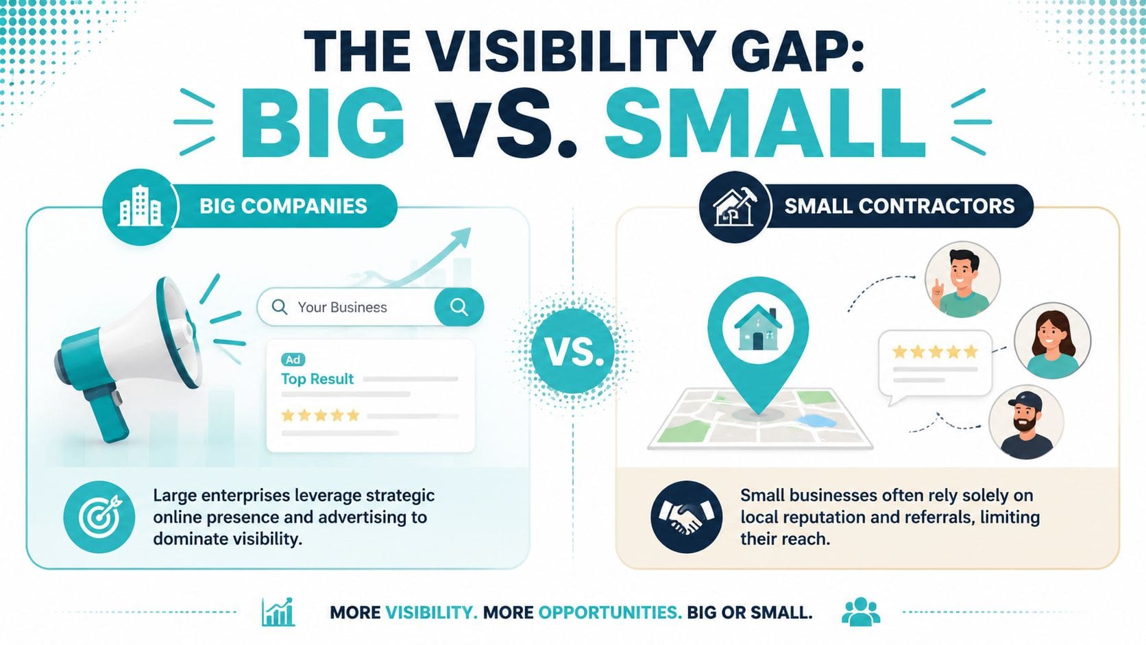 A comparison infographic showing big companies using online advertising versus small contractors relying on local referrals.