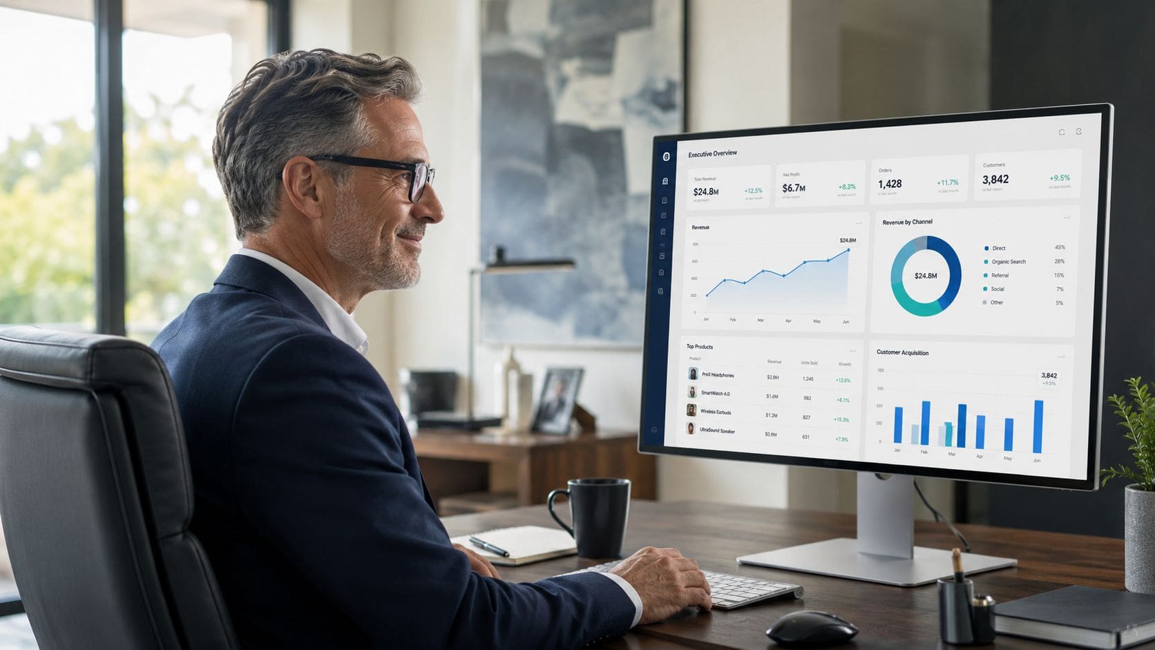 A professional man in a suit reviewing business analytics data on a large desktop computer monitor.